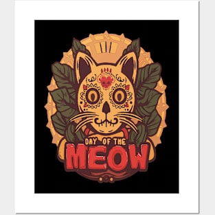 Day of the Meow Cat Skull Whimsical Artwork Posters and Art